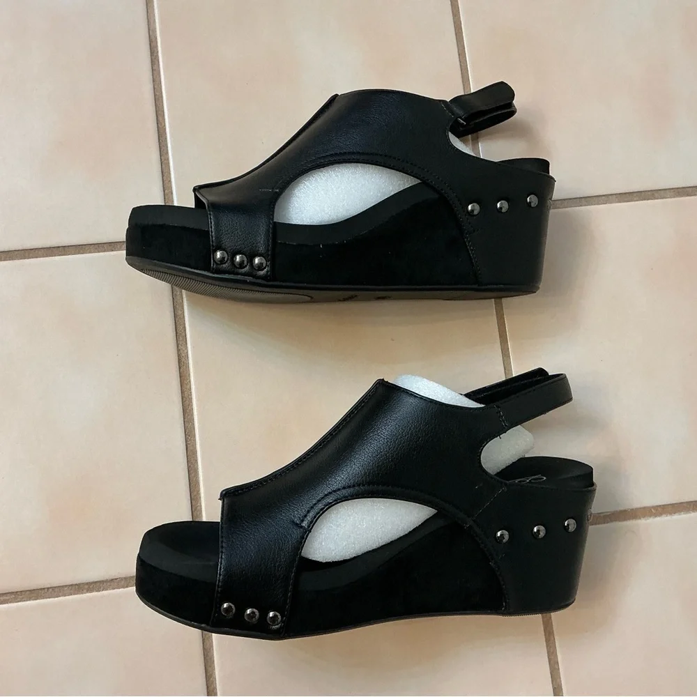 Corkys Carley Black Combo Adjustable Suede Wedge Sandals Sz 9 NIB! - Picture 3 of 6